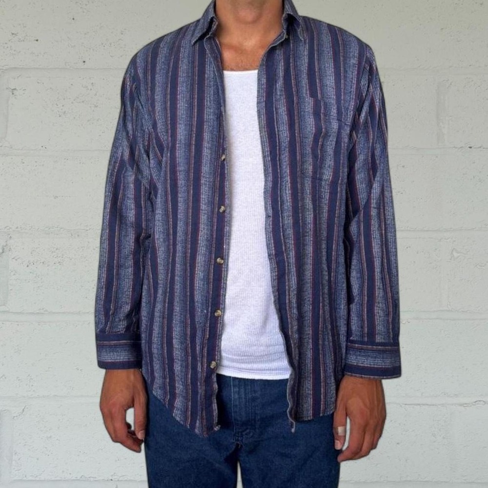Vintage The Mens Store at Sears Blue Purple Striped Button Up Shirt 90s Mens